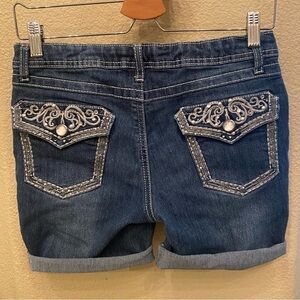 MUDD Girls Teen Blue Rhinestone Embellished Rolled Up Hem Jean Shorts Size 16